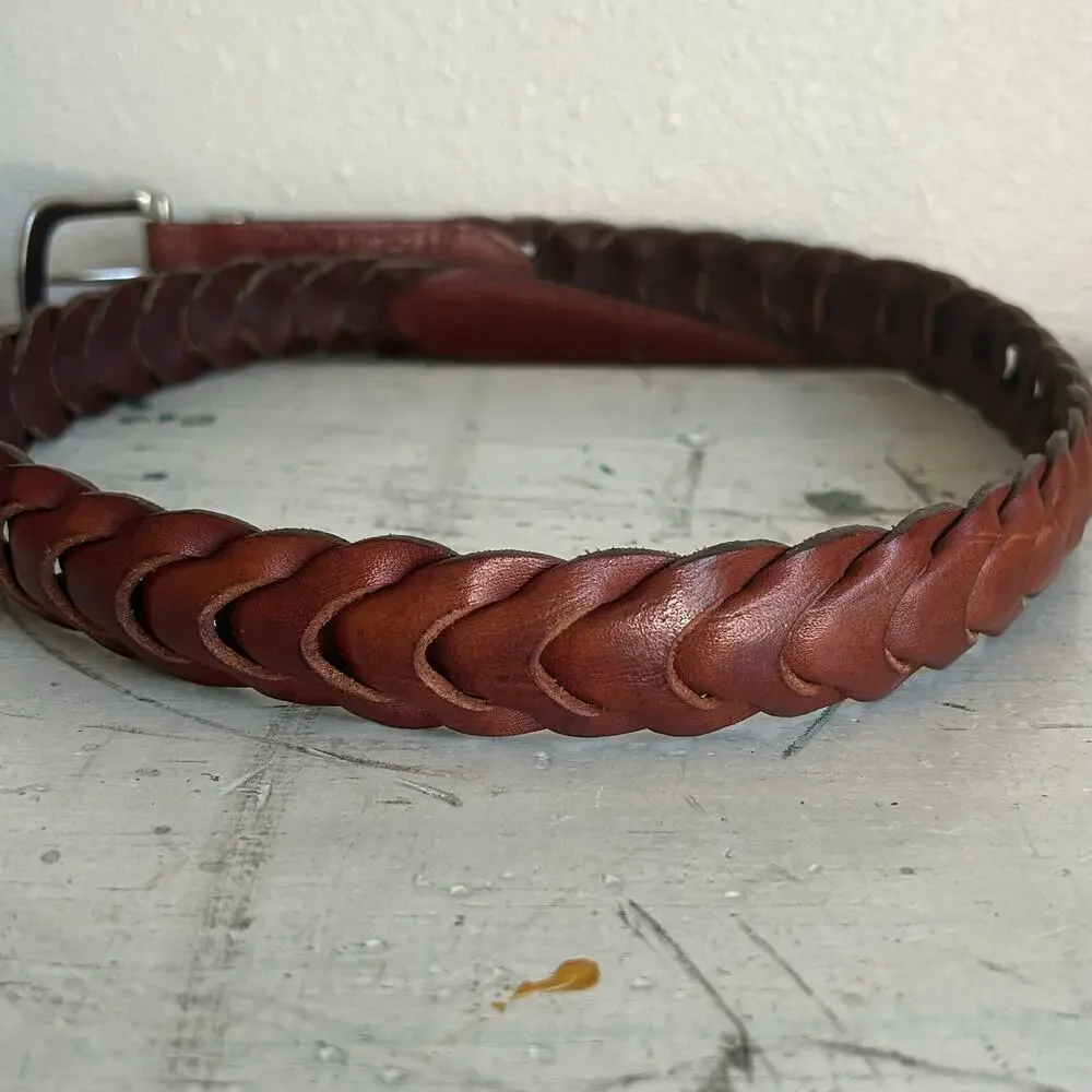 Vintage Brown Braided Leather Belt Made in Turkey coastal preppy casual Size 36